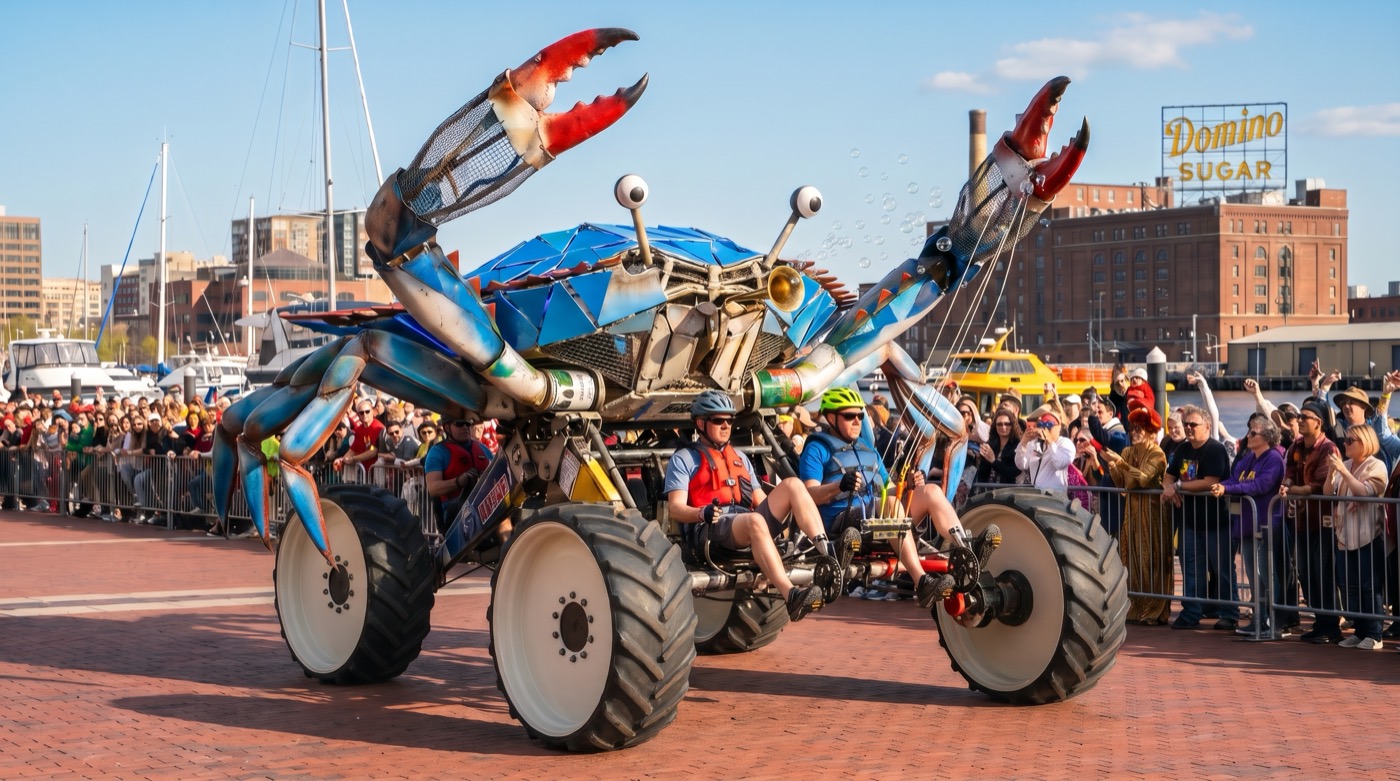 Concept art: SOOK, a giant blue crab on four big wheels, pedalled by four pilots past cheering crowds at Baltimore's harbor
